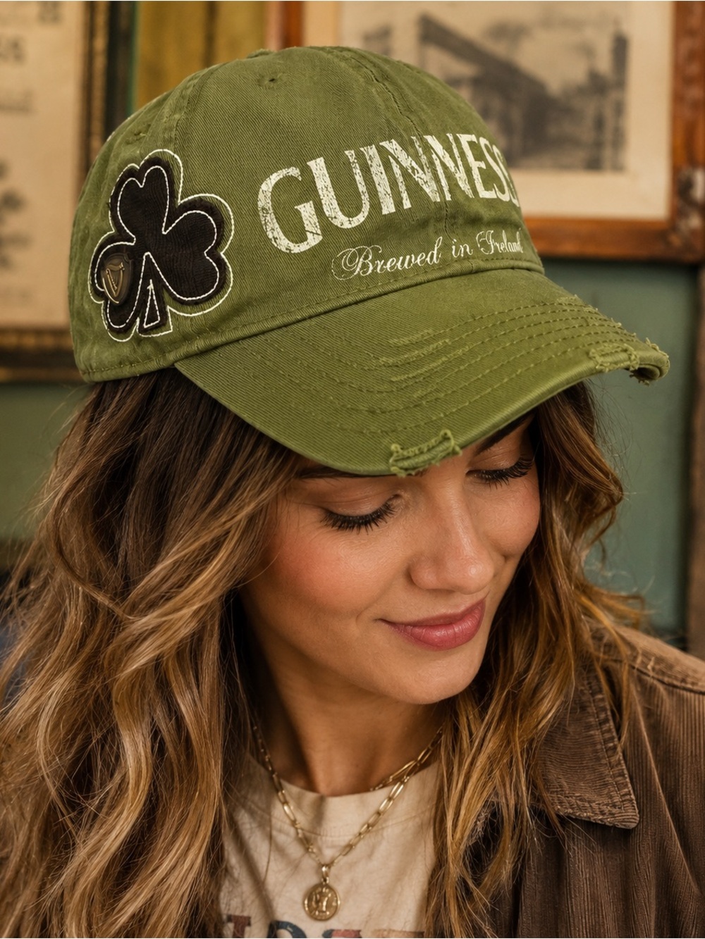 Guinness Distressed Olive Green Shamrock Baseball Hat Cap One Size